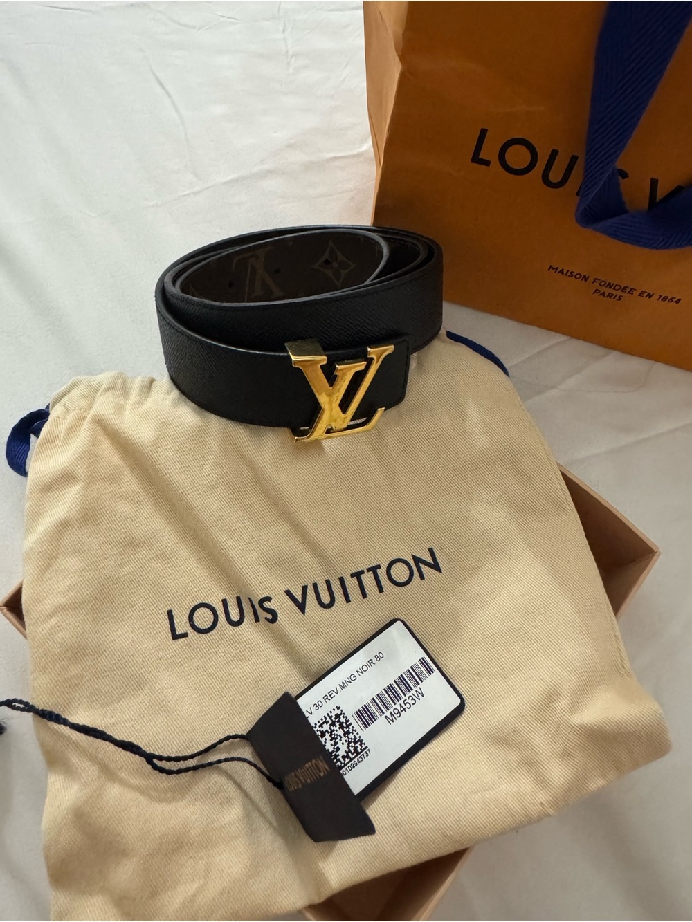 Louis Vuitton Black Leather Belt with Gold LV Buckle